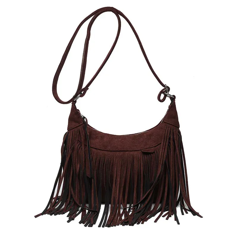 Borse a tracolla in pelle scamosciata con nappe e frange da donna 2024 Borsa a tracolla da donna alla moda Borsa a mano Tote Marrone Nero_voghion.com