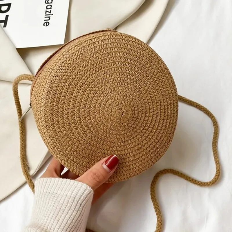 Sacs à bandoulière en paille tissée d'été pour femmes, sac à main rond en rotin fait à la main, petit sac de plage, de voyage, à bandoulière_voghion.com