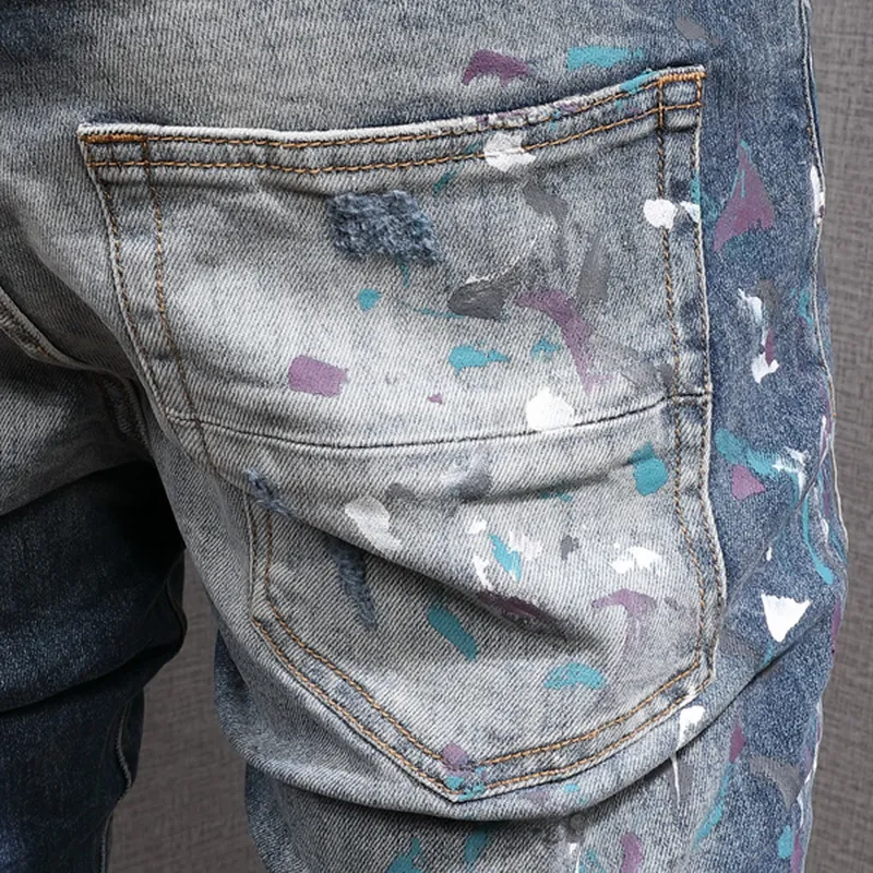 Jean en denim extensible pour homme, coupe motard, coupe slim, patch peint, jambe, pantalon de cowboy_voghion.com