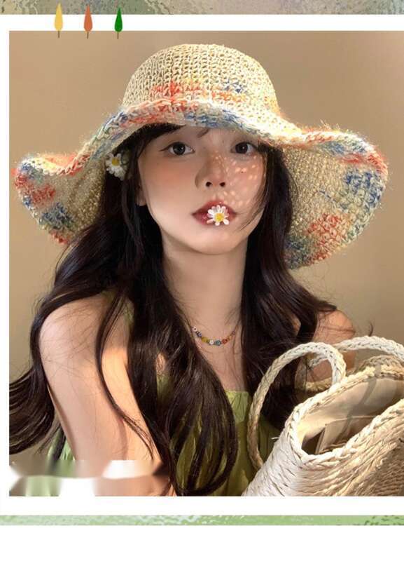 Grass Women's Summer Colorful Weaving Beach Holiday Sunshade And Sunscreen Breathable Hollow Large Brim Showcasing Face_voghion.com