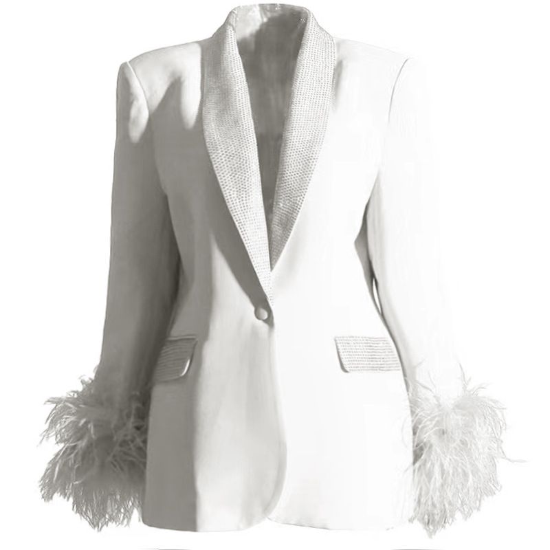 Abbigliamento donna Moda per donna temperamento modello originale tessuto piuma di struzzo brillante dia giacca da abito_voghion.com