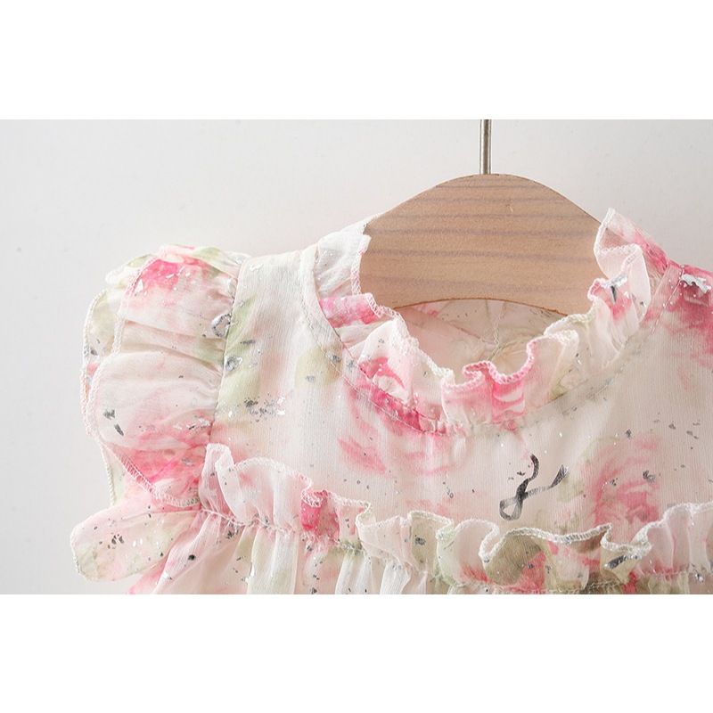 Baby Yellow Dress Baby Girl Rose Flower Printed Chiffon Princess Dress Send Beach Hat_voghion.com