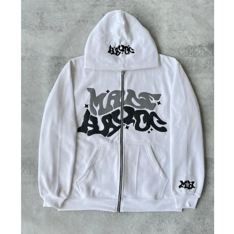 Moške puloverje s kapuco z retro črkovnim potiskom, ameriške ulične modne majice z zadrgo, prevelike puloverje z dolgimi rokavi in ​​hip hop jakno._voghion.com