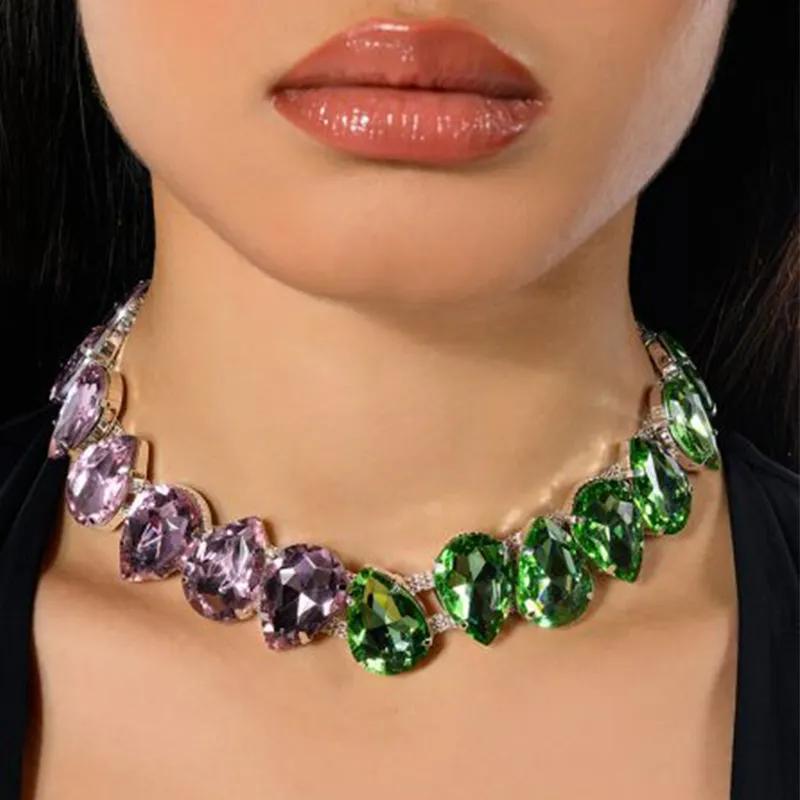 Chaînes Stonefans Mode 2024 Joli Collier Patchwork Vert Rose Pour Femmes Y2k Vintage Déclaration Collier Ras Du Cou_voghion.com
