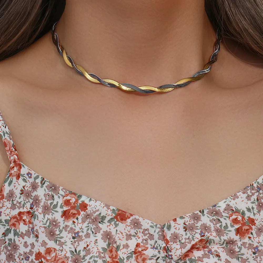 Catene in vendita Drop 2 toni Herryingbone Chain Braided Mix Choker Necklace Corta in acciaio inossidabile_voghion.com