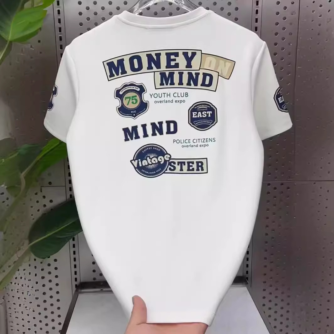 Tricou scurt pentru bărbați, vara 2024, guler rotund, versatil, casual, cu mânecă jumătate de jos, etichetă imprimată cu litere, tendință de vară_voghion.com