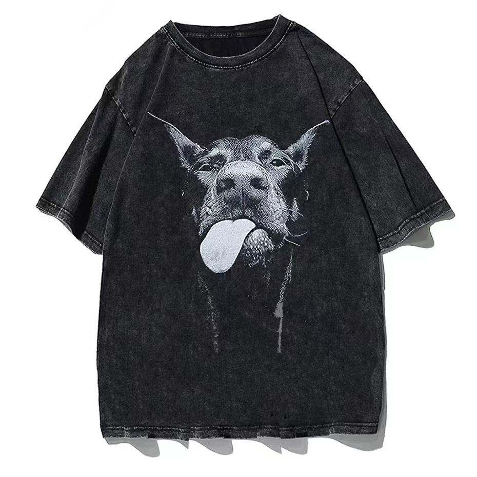 Maglietta estiva da uomo in stile americano, alla moda, vintage, lavata, con stampa di cane Doberman, a maniche corte, in cotone_voghion.com