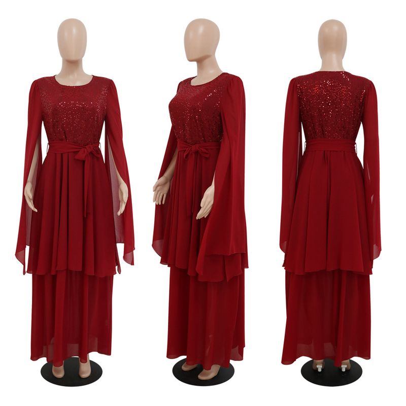 Women's Clothing autumn new Arabic sequin evening dress muslim with belt_voghion.com