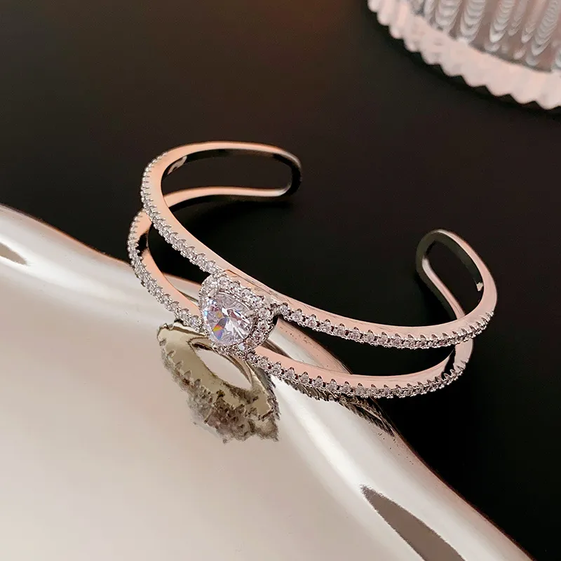 Heart Zirconia Bangle And Ring Set For Women Silver Colour_voghion.com