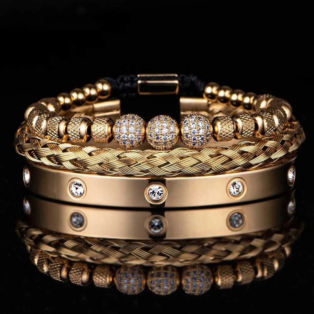 Pulseira 3 Deluxe Micro Pay CZ Contas Redondas Royal Charm Pulseira Masculina de Cristal em Aço Inoxidável Casal Joias Feitas à Mão Presentes_voghion.com