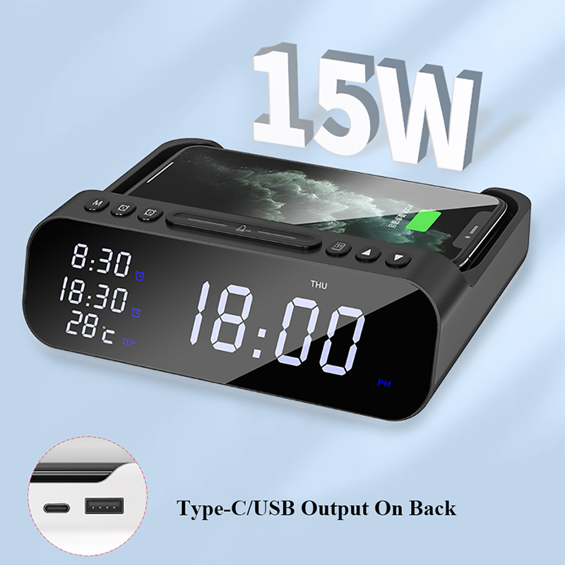 15W Fast Wireless Charger Alarm Clock For iPhone 8 11 12 13 Pro Max Mini/Samsung S21/Xiaomi Type C Desktop Clock Charger Station_voghion.com