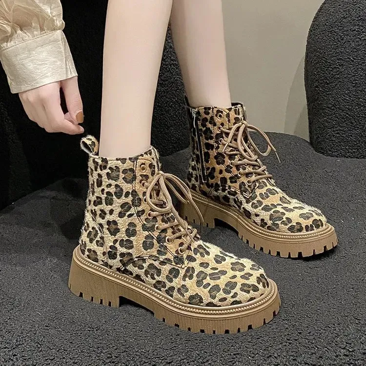 Leopard Pattern Ankle Boots For Women Winter Platform Shoes_voghion.com