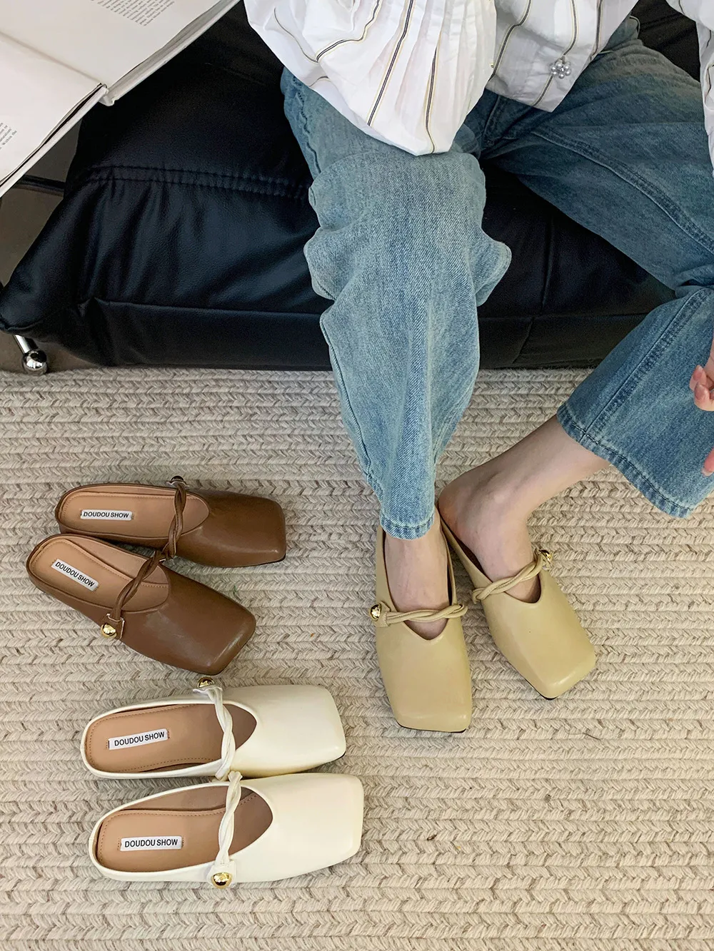 French Flats Slippers Classic Dress Sandal Women Pu Solid Color Square Toe Casual Shoes Size Ss_voghion.com
