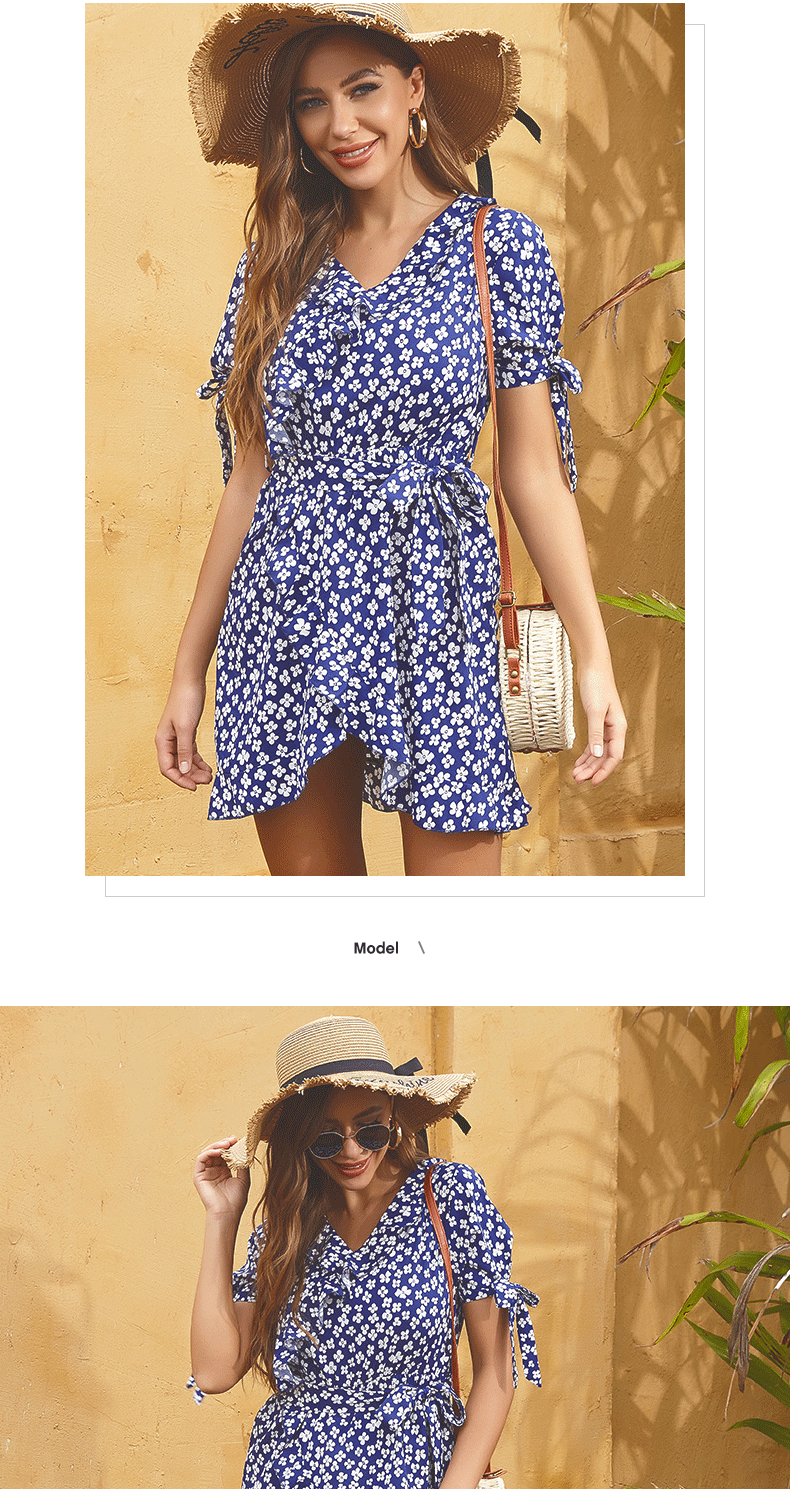 Damernas sommarklänning med blommönster v-ringad kort ärm_voghion.com