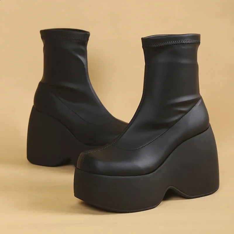 Gothic Womens Sexy Short and Fat Platform Soft Leather Ankle Boots Comfortable Walking Sock Sole Size 42 240911_voghion.com