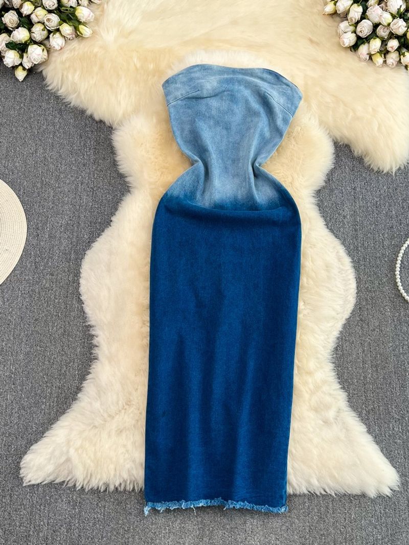 Women's color-changing tube top waist slimming mid-length back slit denim hip-hing dress_voghion.com