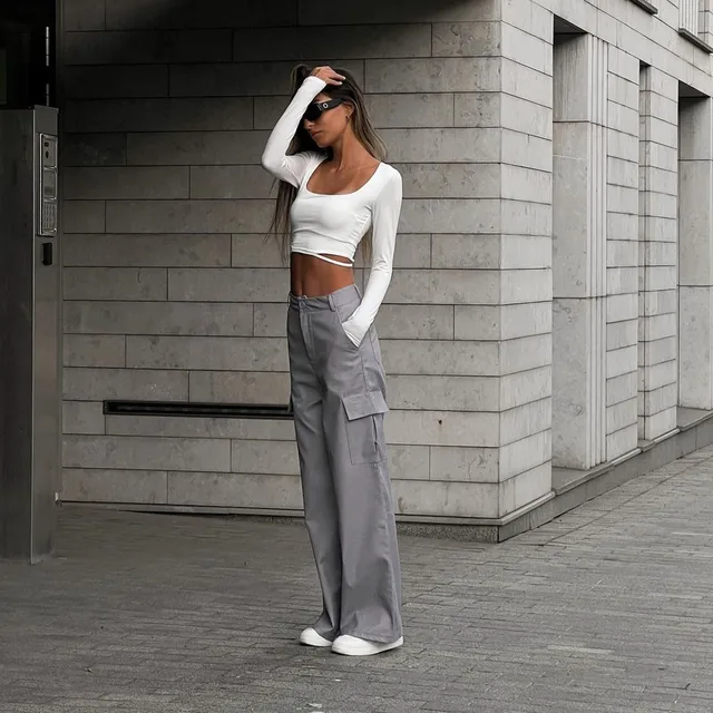 Heißer Verkauf Cargo Hosen Streetwear Frauen Y2k Baggy Techwear Breite Bein Hosen Weibliche Sexy Hohe Taille Grau Schwarz_voghion.com