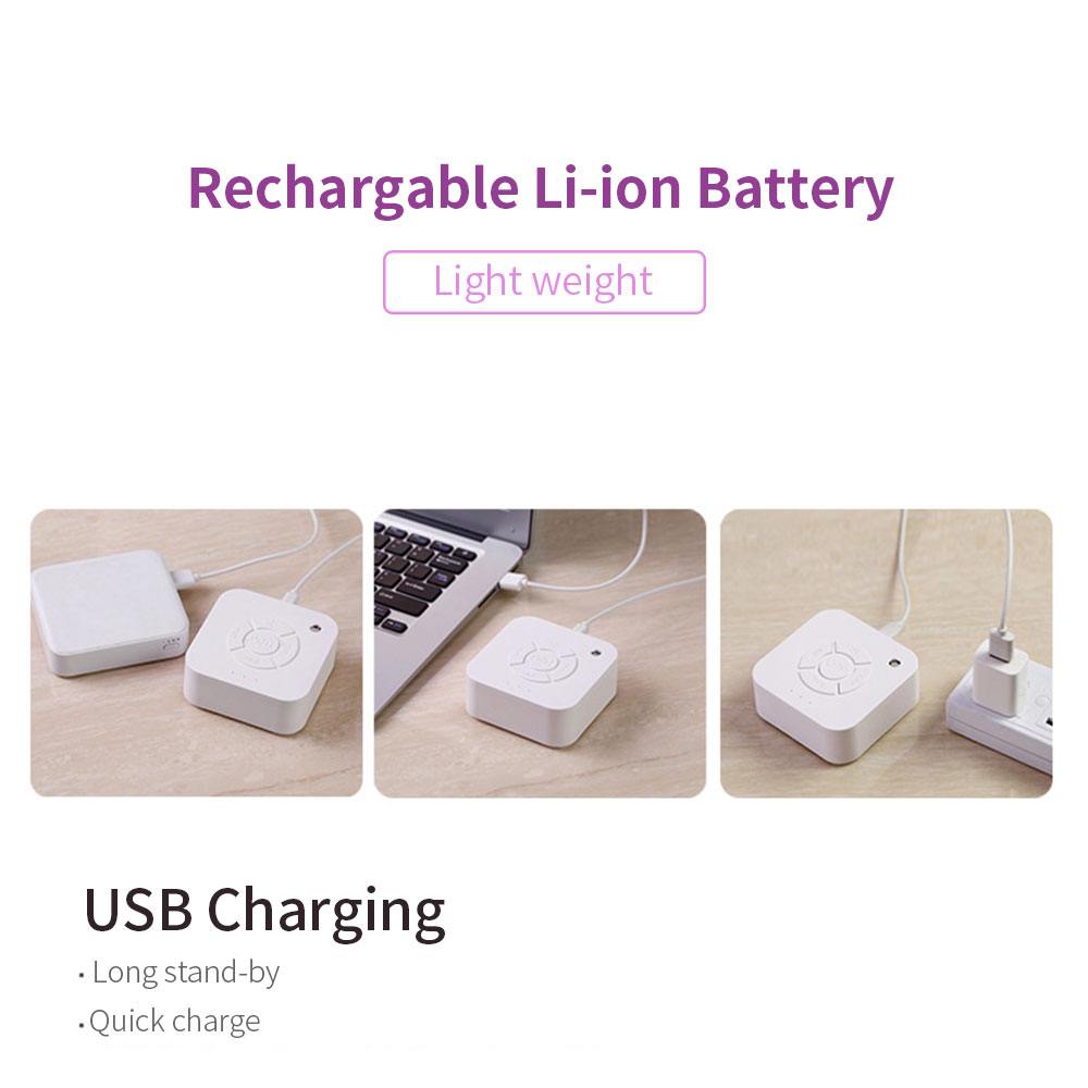 Mini bílý šumový zvukový stroj na spaní s 9 uklidňujícími zvuky, dýcháním, světelným časovačem, nabíjením přes USB pro dětskou domácnost_voghion.com