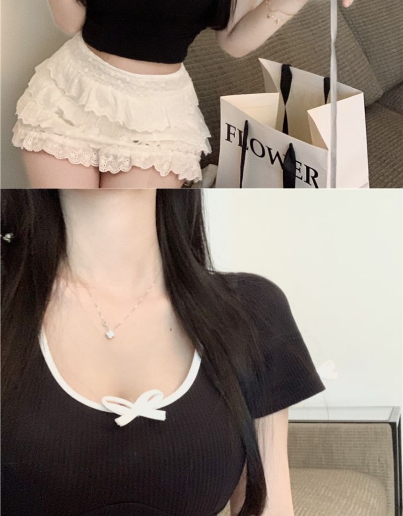 Tricou de vară pentru femei, cu mânecă scurtă, decolteu scurt, cu fundă, Pure Desire, sexy, cu claviculă expusă, cu fundă în U_voghion.com