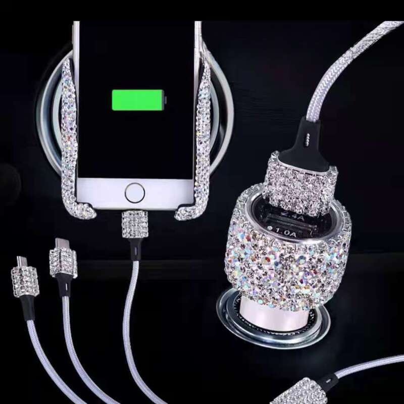 Elmas Gömülü Bir ila Üç Hızlı Şarj Veri Kablosu, Araba USB Çakmak, Cep Telefonu Şarj Cihazı_voghion.com