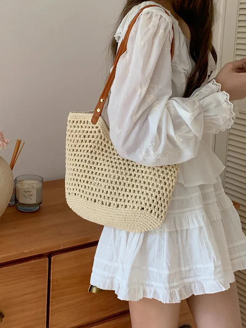 Sac à bandoulière de plage creux tissé grande capacité vacances portable affaires loisirs shopping simple joker haut sens_voghion.com