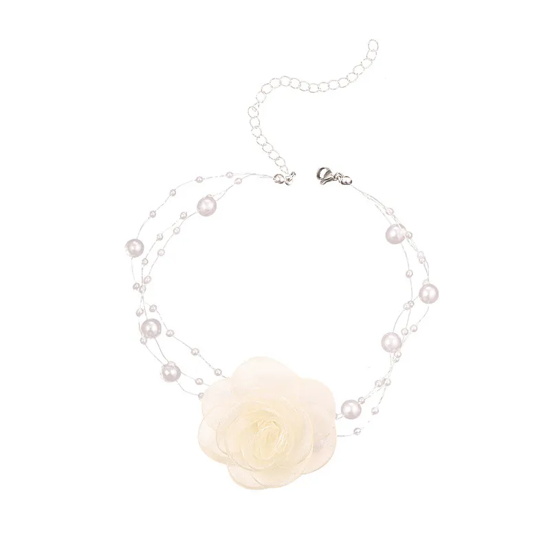 Chaînes Français Romantique Noir Et Blanc Ras Du Cou Fleur Collier De Perles Femme Été Clavicule Chaîne_voghion.com