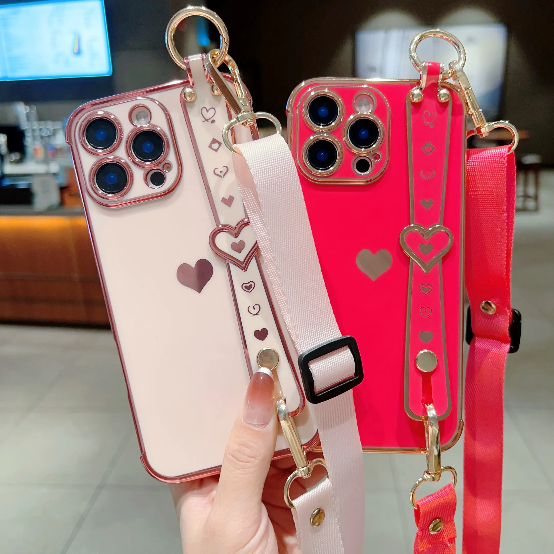 Elegant Heart-Shaped Phone Case: With Adjustable Strap For Security - Protective Mobile Accessory_voghion.com