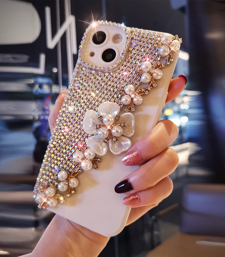 Suitable for 14/15 with diamond phone case iPhone 12/13 Pro Shell Pearl Flower Full Pack Silicone 11 Women's 8_voghion.com