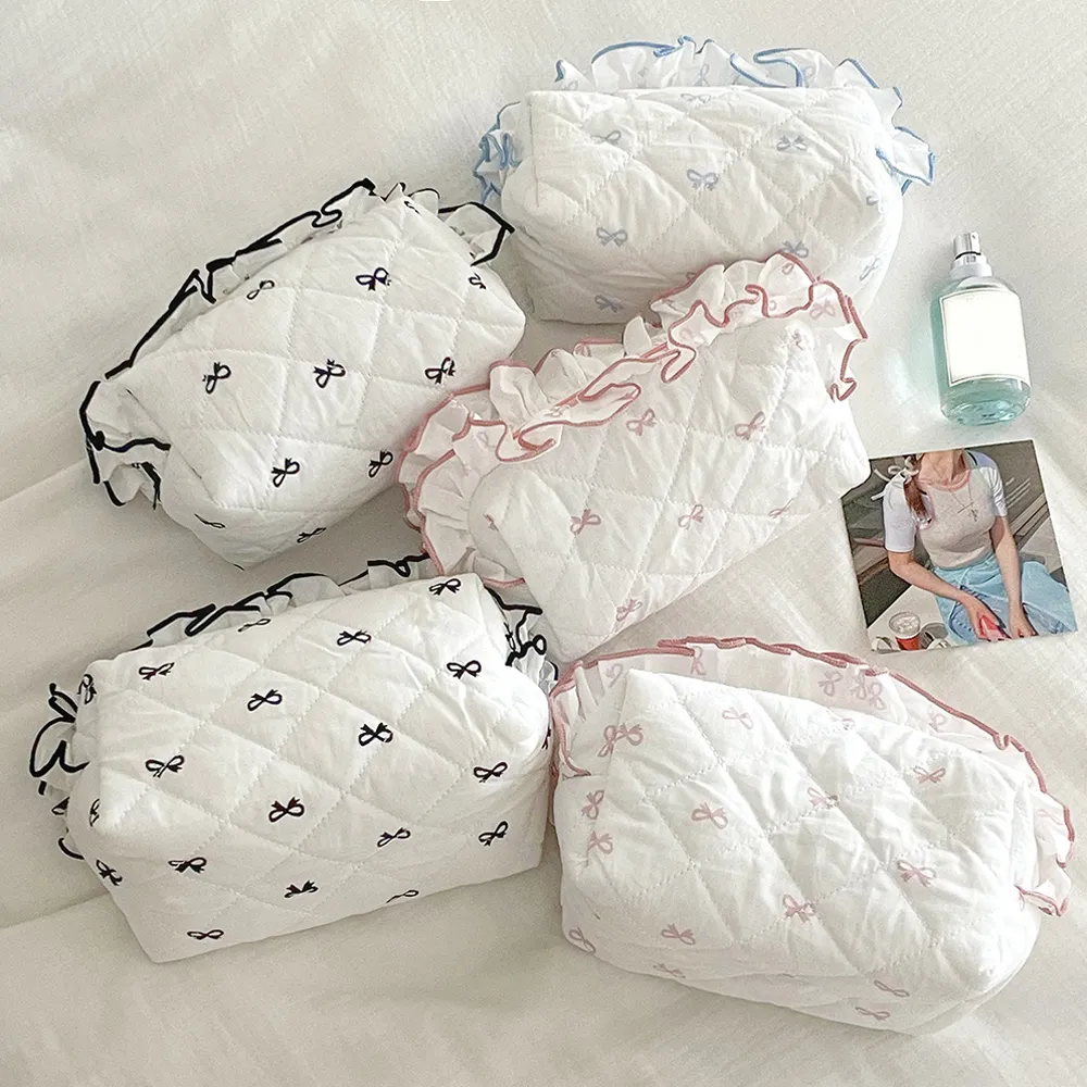 Korea Bow Print Damen Make-up Große Kapazität Tragbare Kosmetiktasche für Reisetoilettenartikel Gekräuselte Kante Kosmetikaufbewahrung_voghion.com