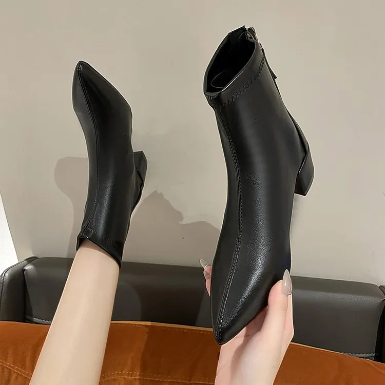 Women's Elegant Black Soft Leather High Heel Pointed Toe Slimming Stretchy Knee-length Boots New Arrival Autumn/winter_voghion.com