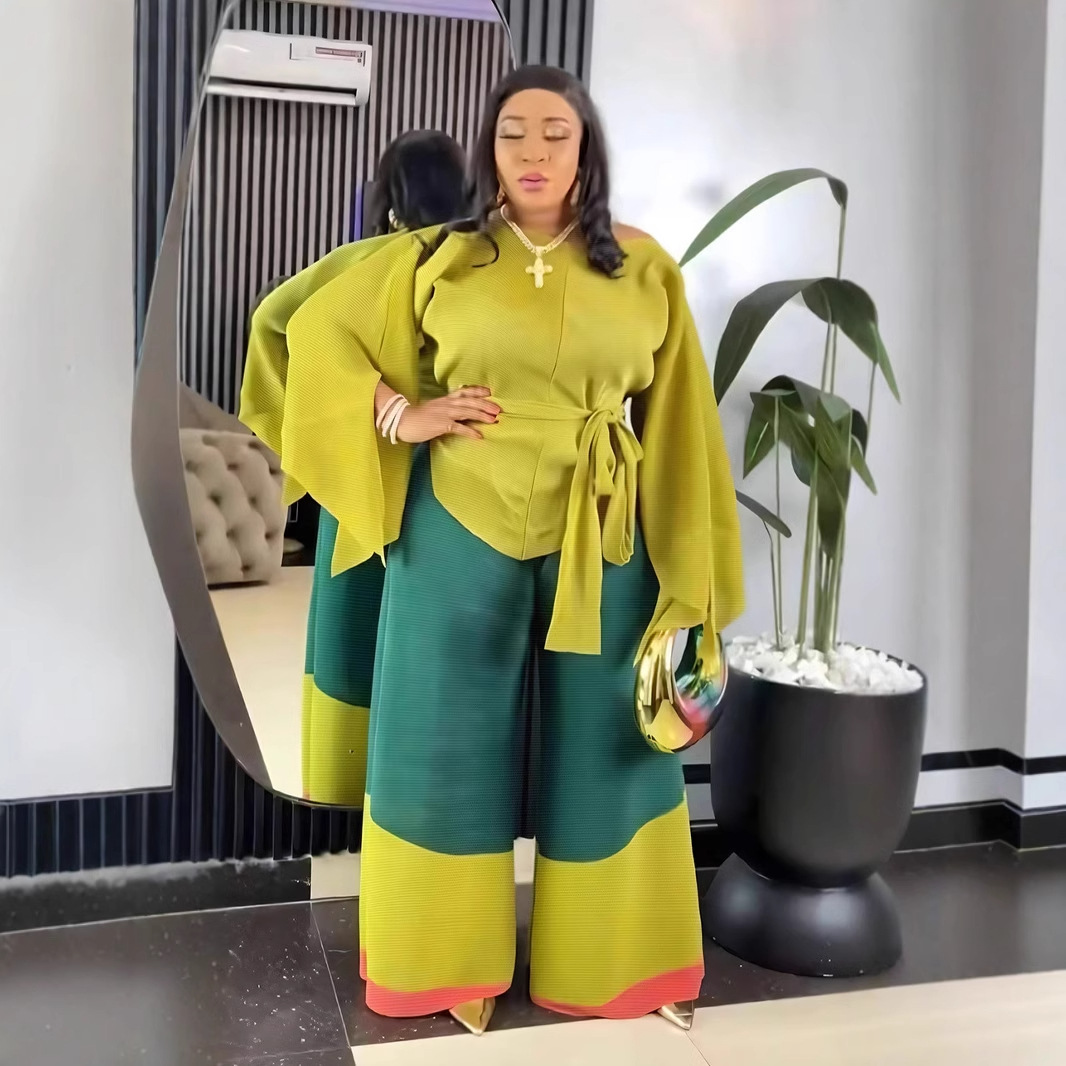 Women's Clothing three house pleated patchwork top + wide leg straight pants two piece set