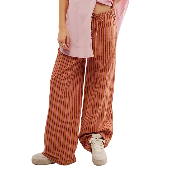 Pantaloni a righe a gamba larga con coulisse in vita da donna, pantaloni con tasche multiple, vendita calda_voghion.com