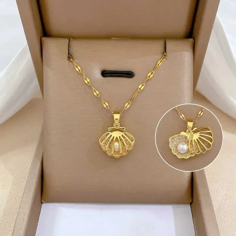 Anhänger Halsketten Modische leichte personalisierte Mikro-verzierte Schmuck Muschel Perlenkette klassischer Edelstahl_voghion.com