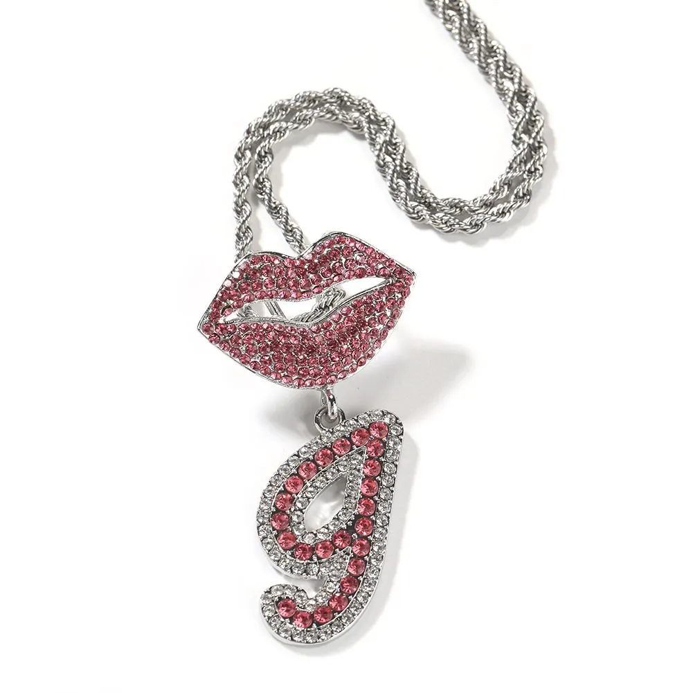 Collier avec pendentif en forme de lettre A-Z et fermoir à lèvres style hip-hop en alliage plaqué or et zircon_voghion.com