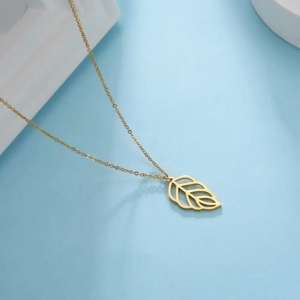 Leaf Pendant Necklace Stainless Steel Simple Natural Jewelry_voghion.com