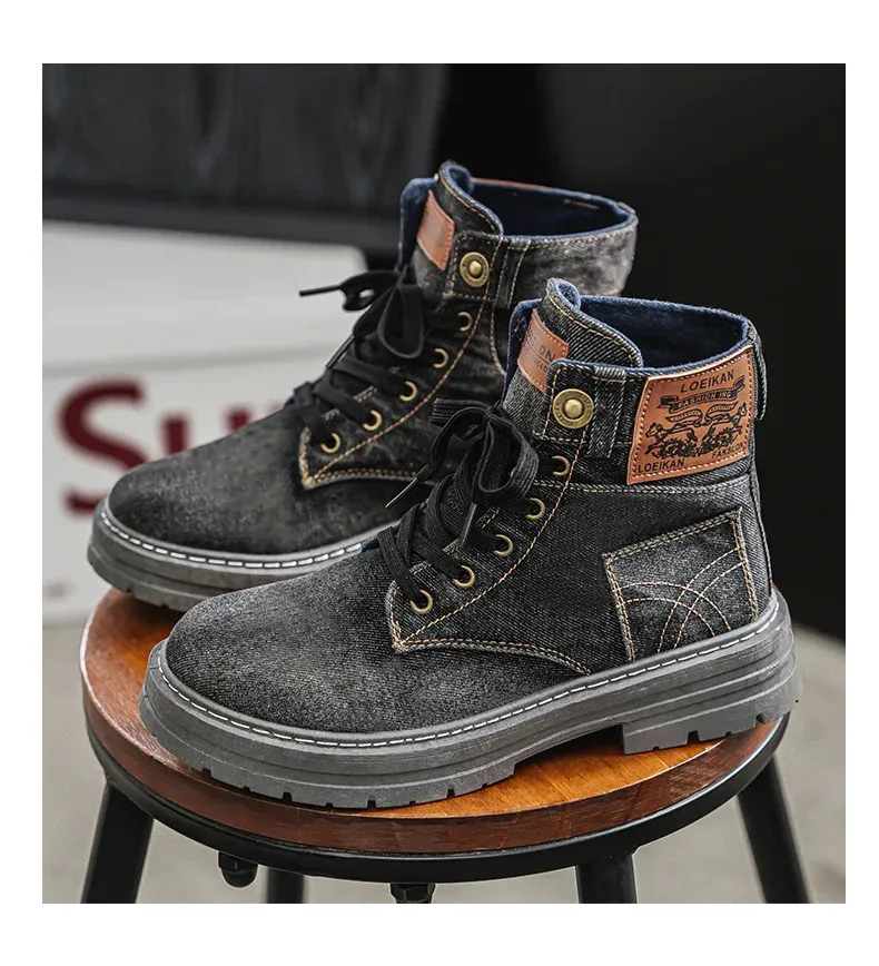 Denim Mid Top Casual Boots For Men Breathable Height Increasing_voghion.com