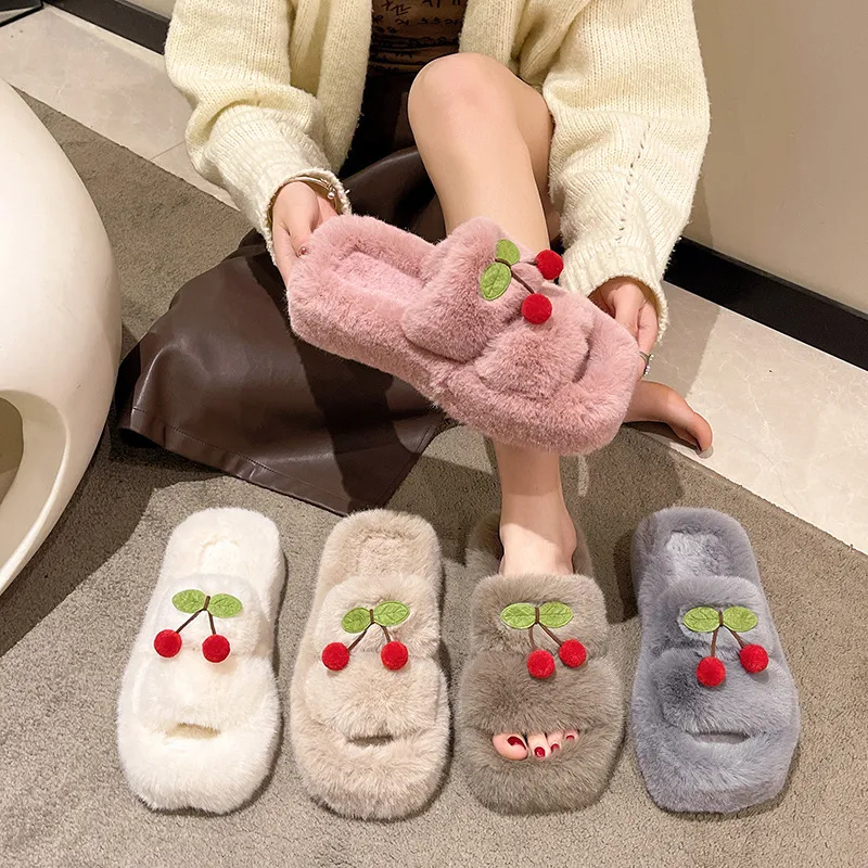 Papuci drăguți de designer cu imprimeu de cireșe pentru femei, fete, doamne, toamnă și iarnă, calde, cu blană, pufoase, de pluș, pentru femei_voghion.com