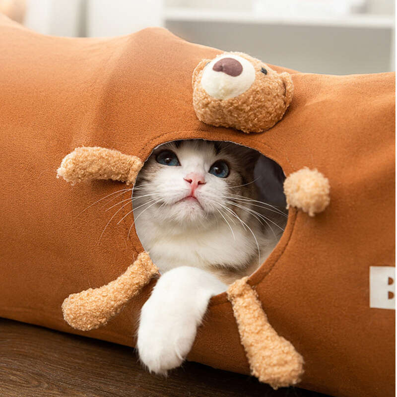 Tunnel Straight Tube Brown Bear Toy Cat Toys Play Energy Consuming Foldable Thin Pet Supplies_voghion.com