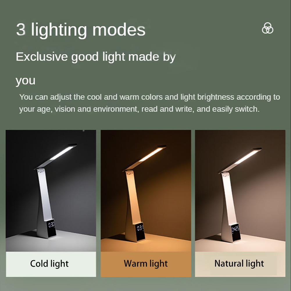 LED-Schreibtischlampe mit Wecker, 3 Farbtemperaturen, stufenloses Dimmen, USB-Lade-Nachtlicht, Augenschutz, Lesetischlampen_voghion.com