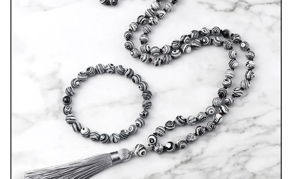 Anhänger Halsketten Mode Malachit Perlen Halskette 8mm Stein Handgefertigte geknotete Quaste Schmuckset Charm Männer Armband_voghion.com