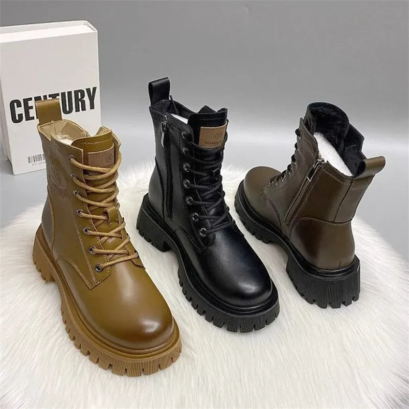 British Retro Style New Autumn/Winter Thick Bottom Zipper Lace up Black Classic Anti slip and Wear resistant Short Boots_voghion.com