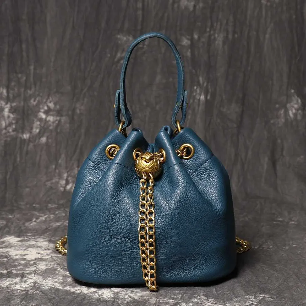 LUOKIR Nuovo Metallo Drstring Versatile Borsa da Donna Vera Pelle Catena Tracolla Vintage Secchiello Borsa Cellulare_voghion.com