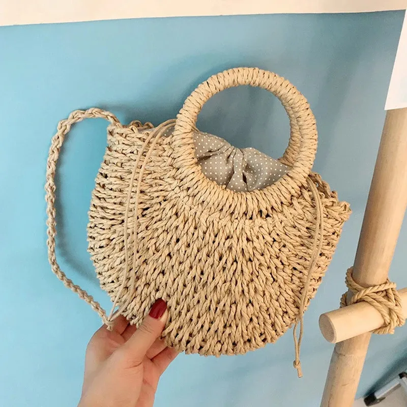 Half-round Rattan Shoulder Bag Large Capacity Summer Beach Tote_voghion.com