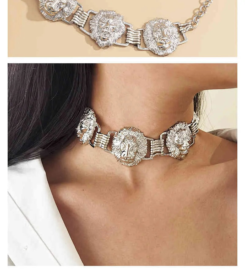 Gsold Fashion Hip-hop Przesadny Wielokrotny Lew Głowy Choker Naszyjnik Metalowy Urok Kobiety Street Style Biżuteria Impreza_voghion.com
