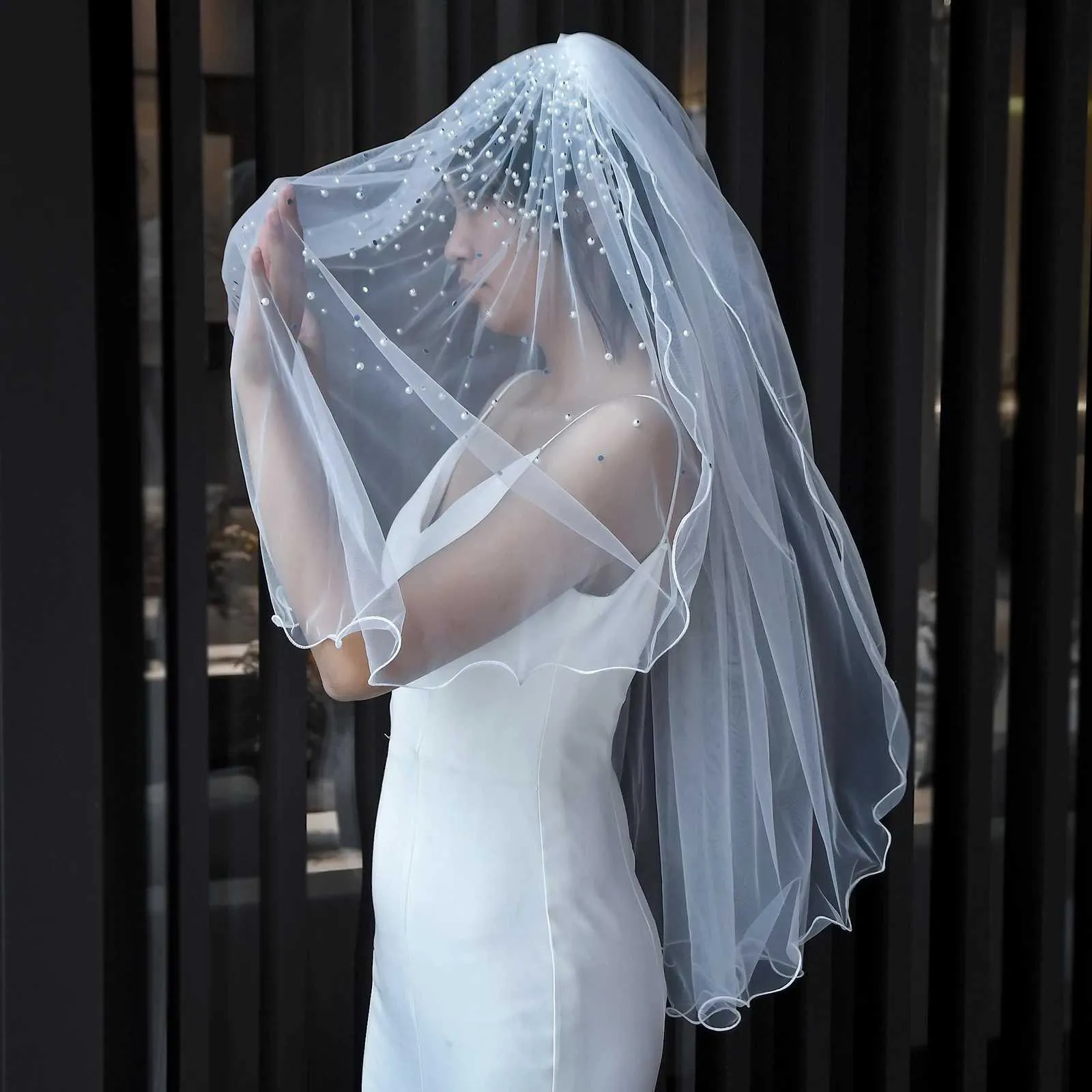 Hair Jewelry MZA32 2 Tier Veil With Blusher Pearls Bridal Veils Elbow Length Wave Pencil Edge Soft Wedding Accessories_voghion.com