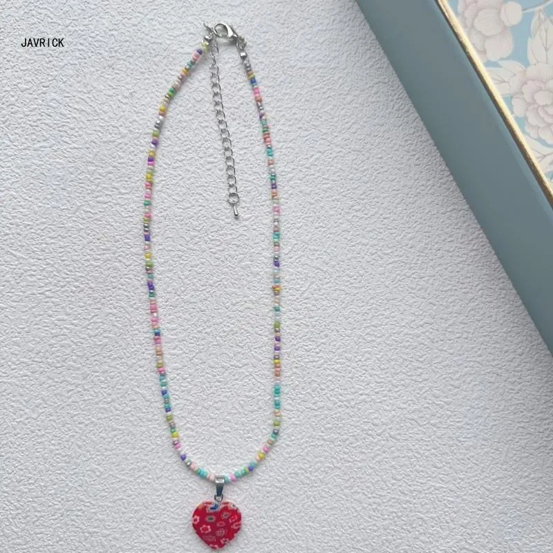 Beaded Heart Pendant Necklace Adjustable Colourful Choker Chain_voghion.com