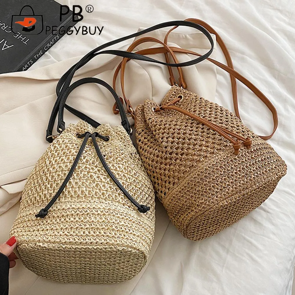 Summer Women Handbags Drawstring Straw Beach Crossbody Bags Adjustable Strap Fashion Casual Simple Elegant For Weekend_voghion.com