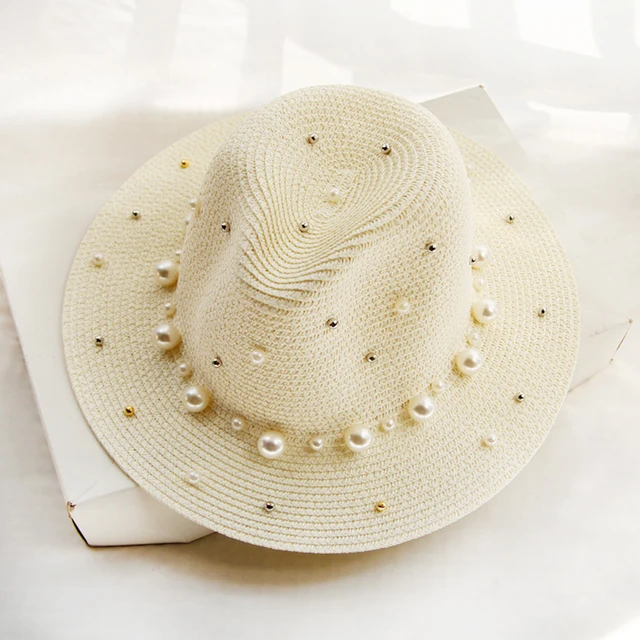 Mode zon parel Vizier Trilby Jazz vrouwen chapeau femme Mannelijke Fedora Zomer elope Zon Stro Panama Hoed Strandhoed_voghion.com