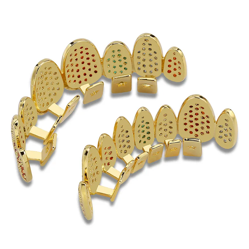 Rose Weißgold Vampir Grillz Iced Out Fang Grills Voller bunter Durchmesser Cosplay Zahnkappe Zahnspange_voghion.com