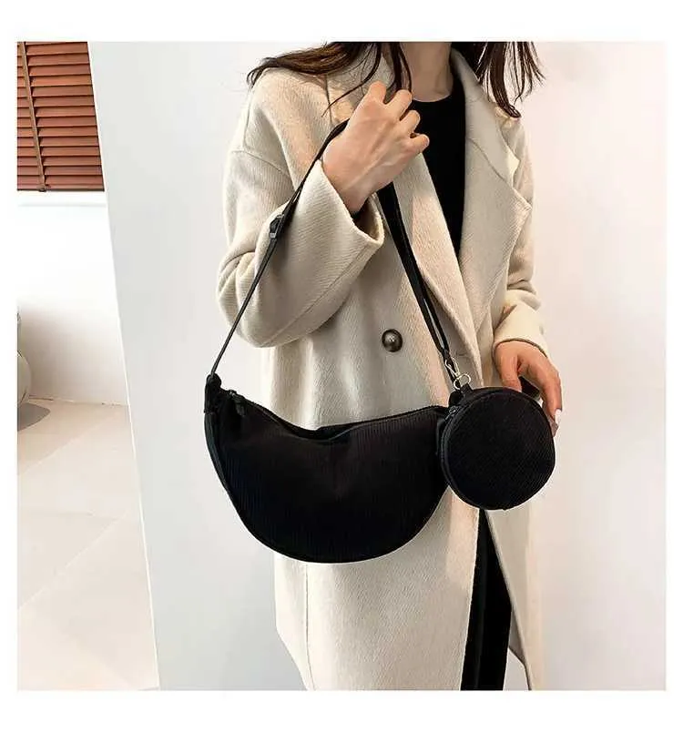 Borsa a tracolla casual in velluto a coste da donna Hobos, semplice, tinta unita, borsa a tracolla da donna, versatile, da pendolare_voghion.com
